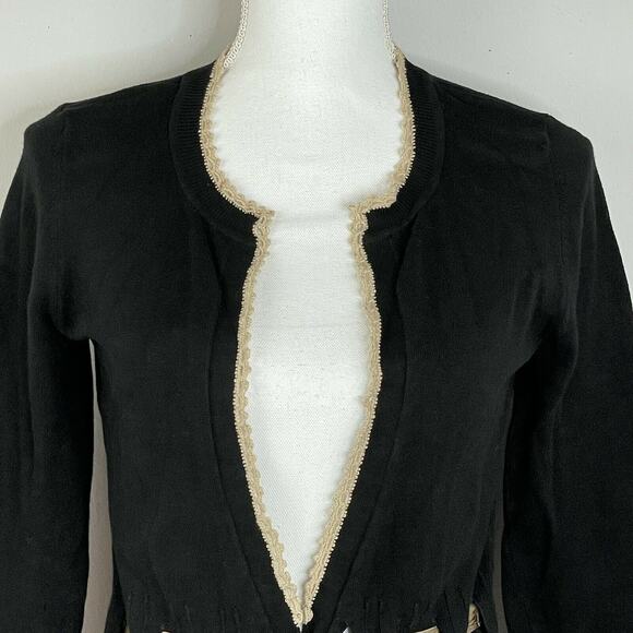 White House Black Market Black Taupe Trim Ribbon Tie Waist Cardigan Size S - Picture 3 of 9